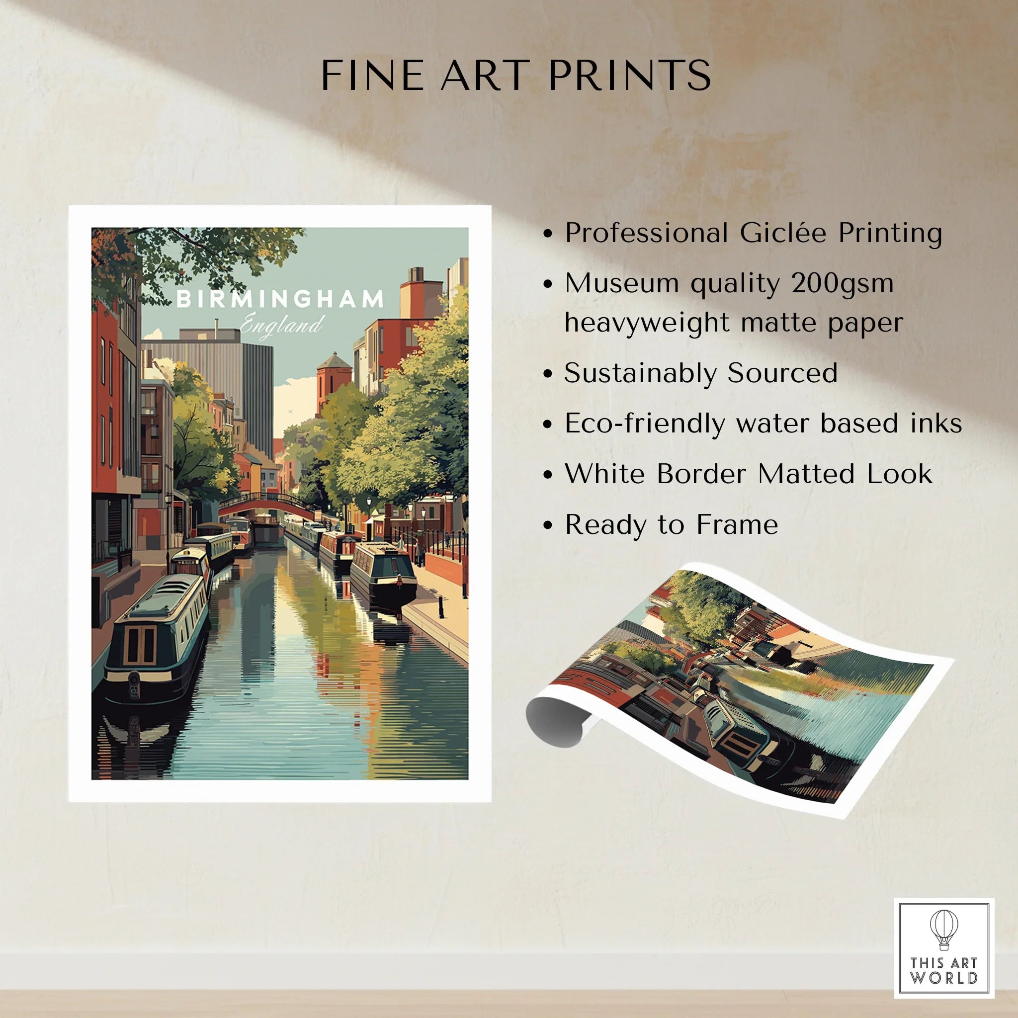 Birmingham canal fine art print with boats, city buildings, and trees, unframed wall art poster