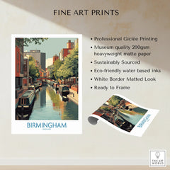 Birmingham England fine art print featuring colorful canal boats, modern buildings, and trees.
