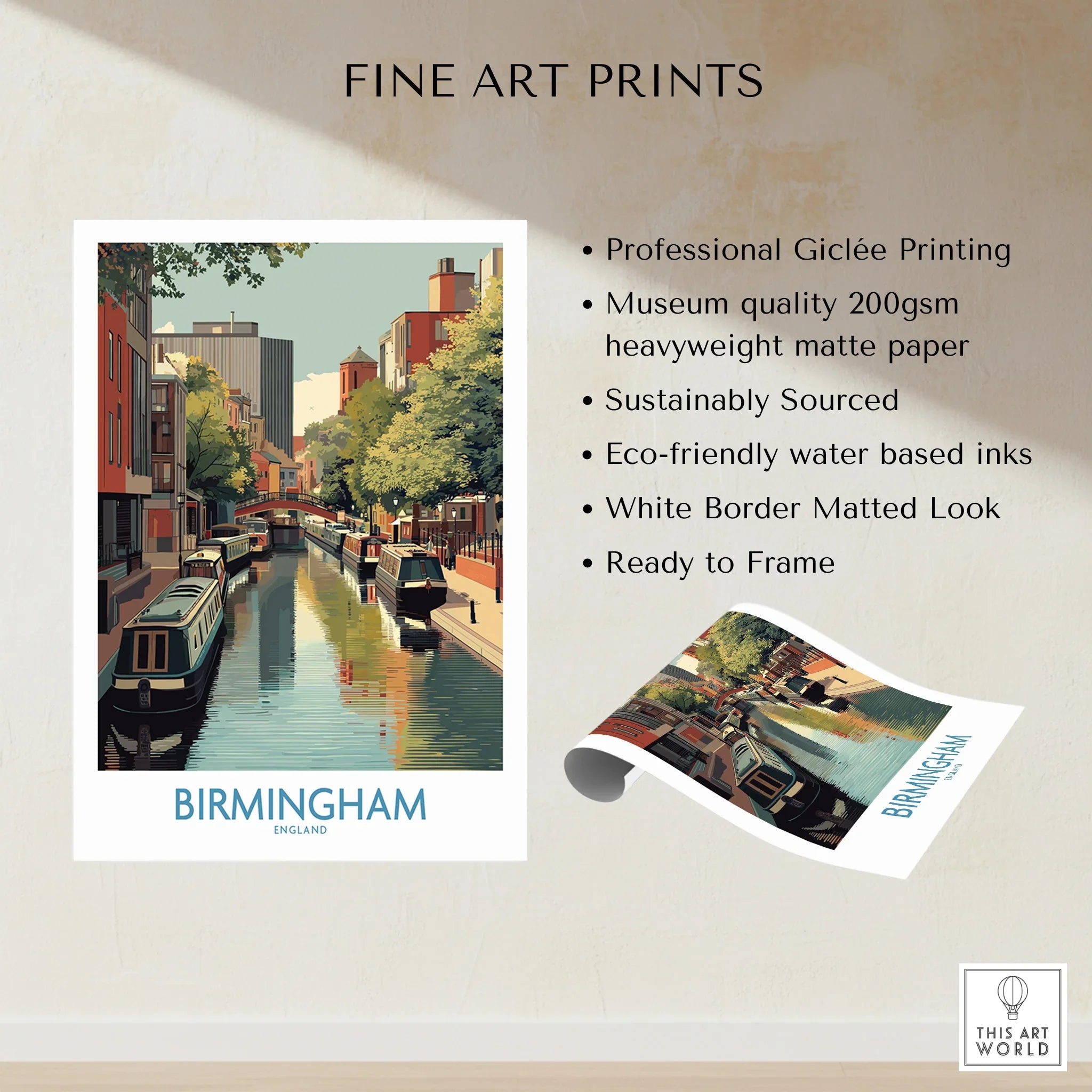 Birmingham England fine art print featuring colorful canal boats, modern buildings, and trees.