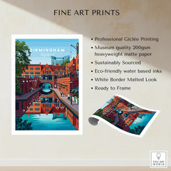 Birmingham England art print with city canal, museum quality matte paper, eco-friendly inks