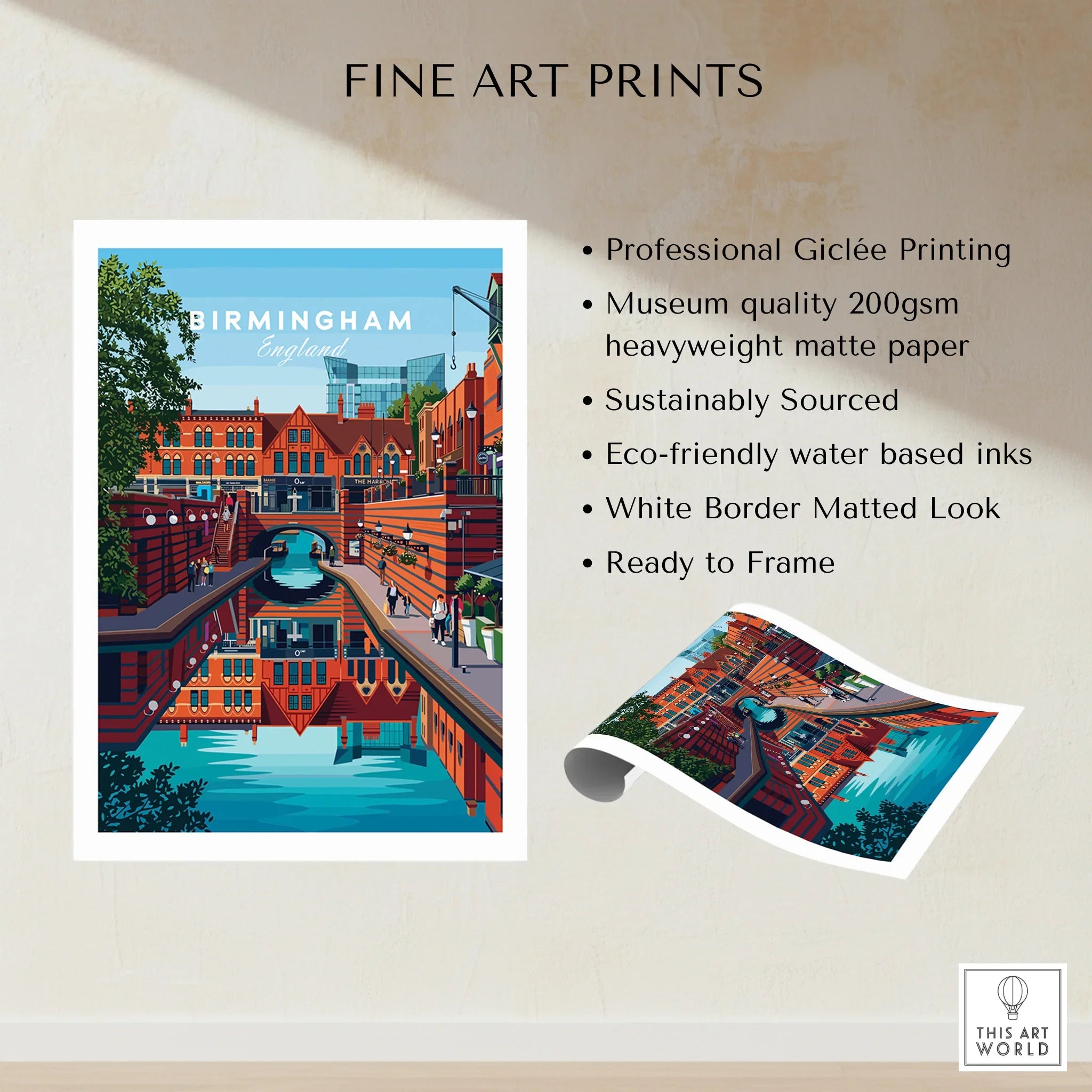 Birmingham England art print with city canal, museum quality matte paper, eco-friendly inks