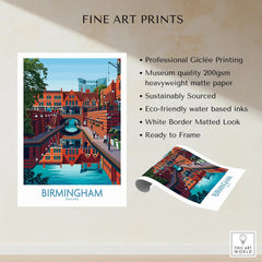 Birmingham England fine art print featuring canal scene, brick buildings, and poster details.