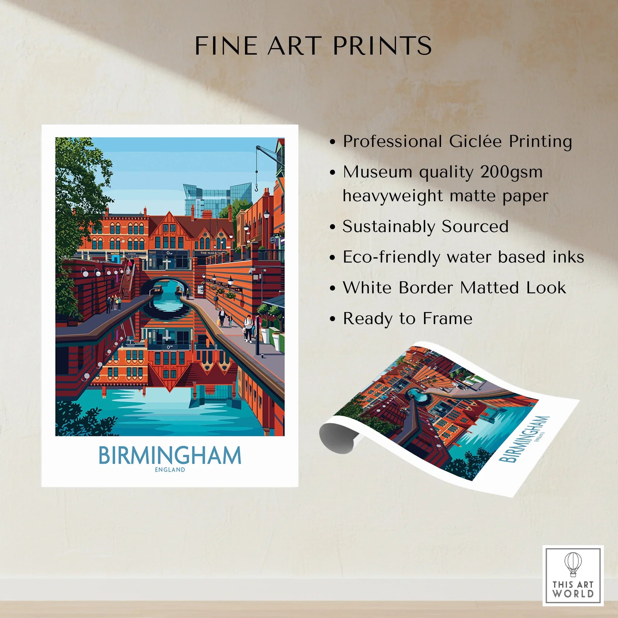 Birmingham England fine art print featuring canal scene, brick buildings, and poster details.