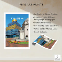Birmingham England cityscape fine art print with modern library, flowers, and matte finish details