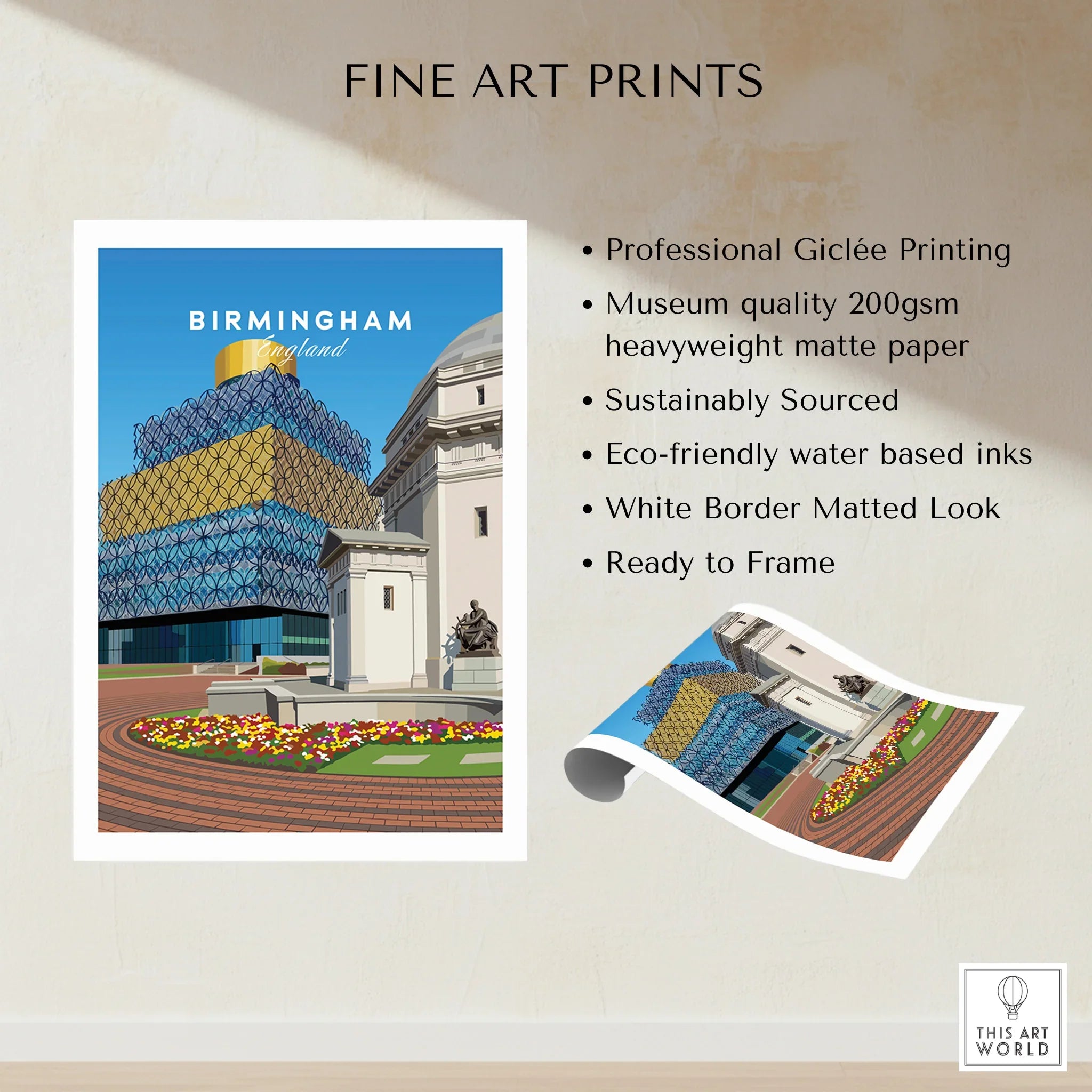 Birmingham England cityscape fine art print with modern library, flowers, and matte finish details