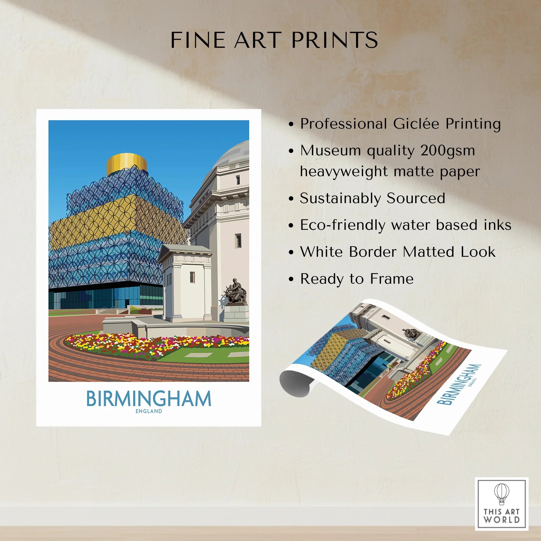 Birmingham England skyline art print, modern architecture, flower bed, unframed wall decor