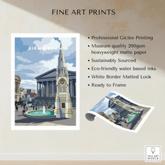 Birmingham England cityscape art print with fountain, church tower, and unframed quality details