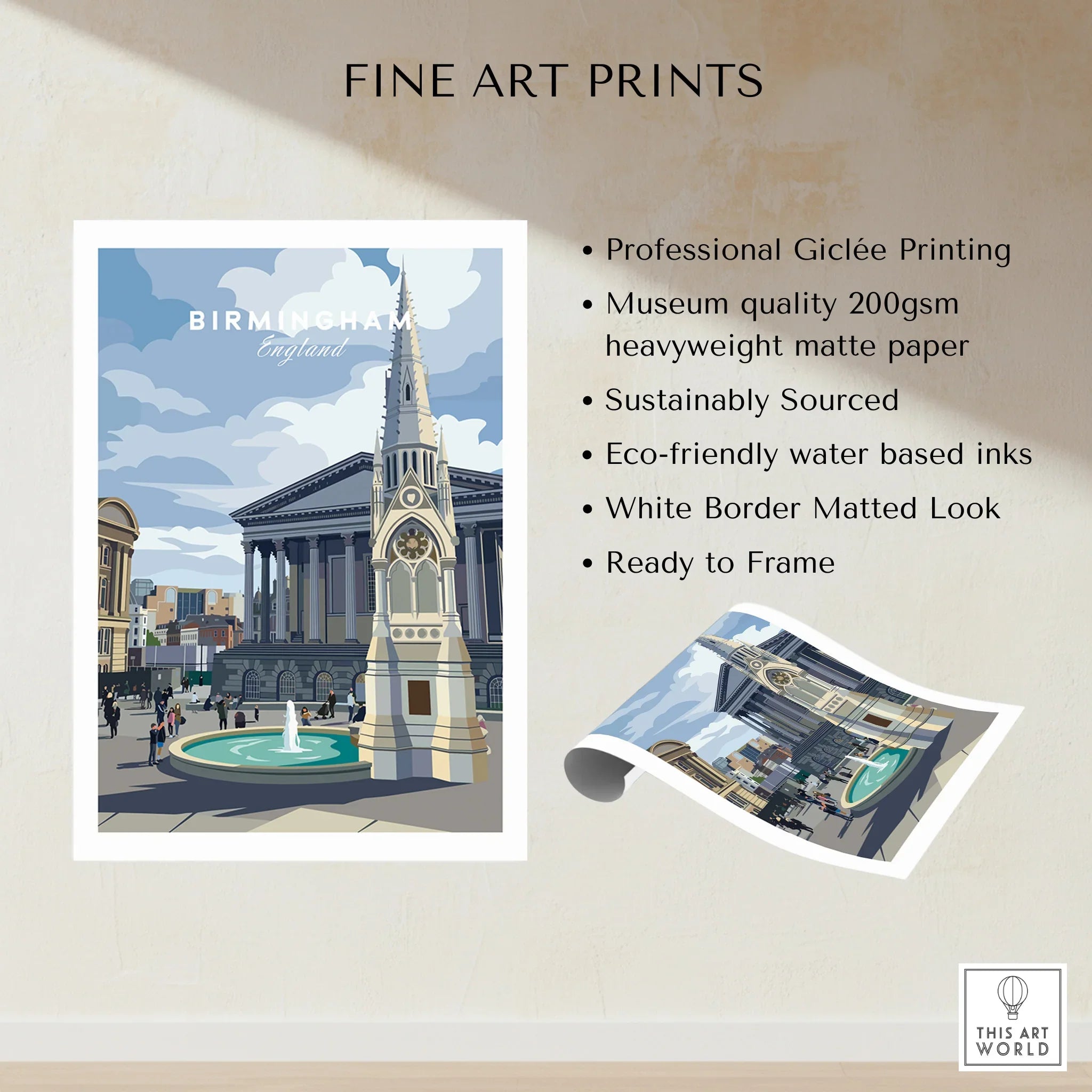 Birmingham England cityscape art print with fountain, church tower, and unframed quality details