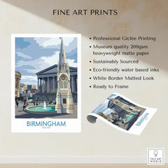 Birmingham England cityscape fine art print with fountain, white border, unframed