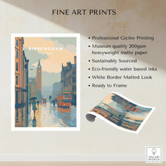 Birmingham England travel poster fine art print with cityscape, red bus, and quality print details