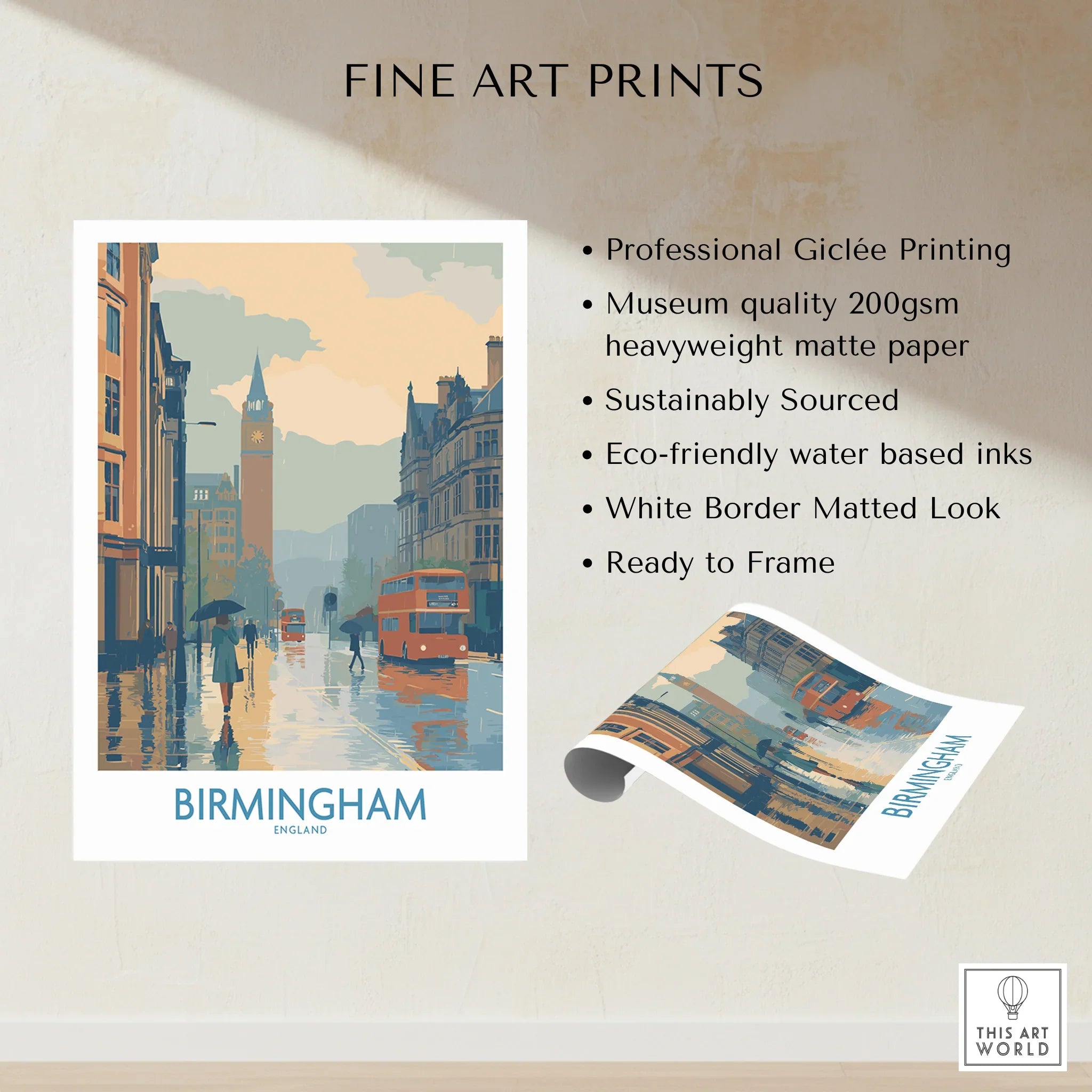 Birmingham England city skyline art print with vintage bus, people with umbrellas, and white border.