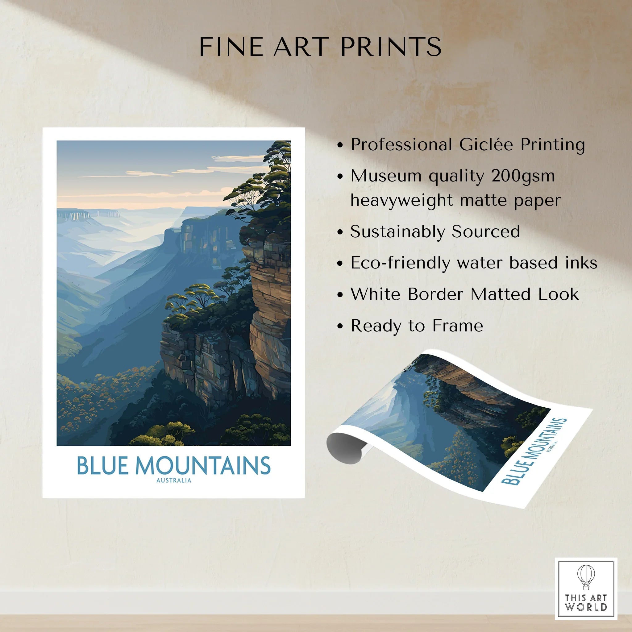 Blue Mountains Australia wall art print with white border, unframed, fine art details shown