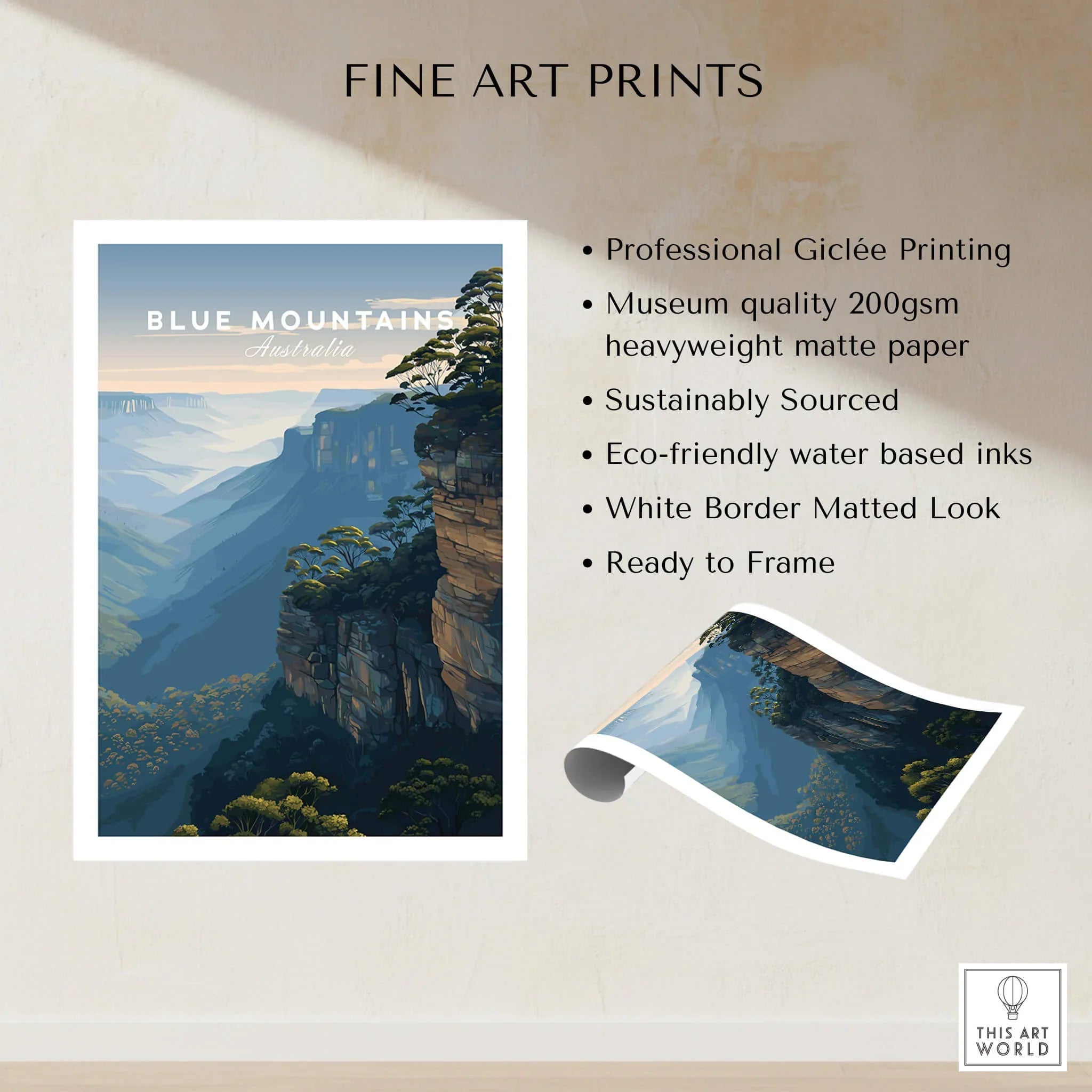 Blue Mountains Australia fine art print with scenic landscape, unframed wall art poster