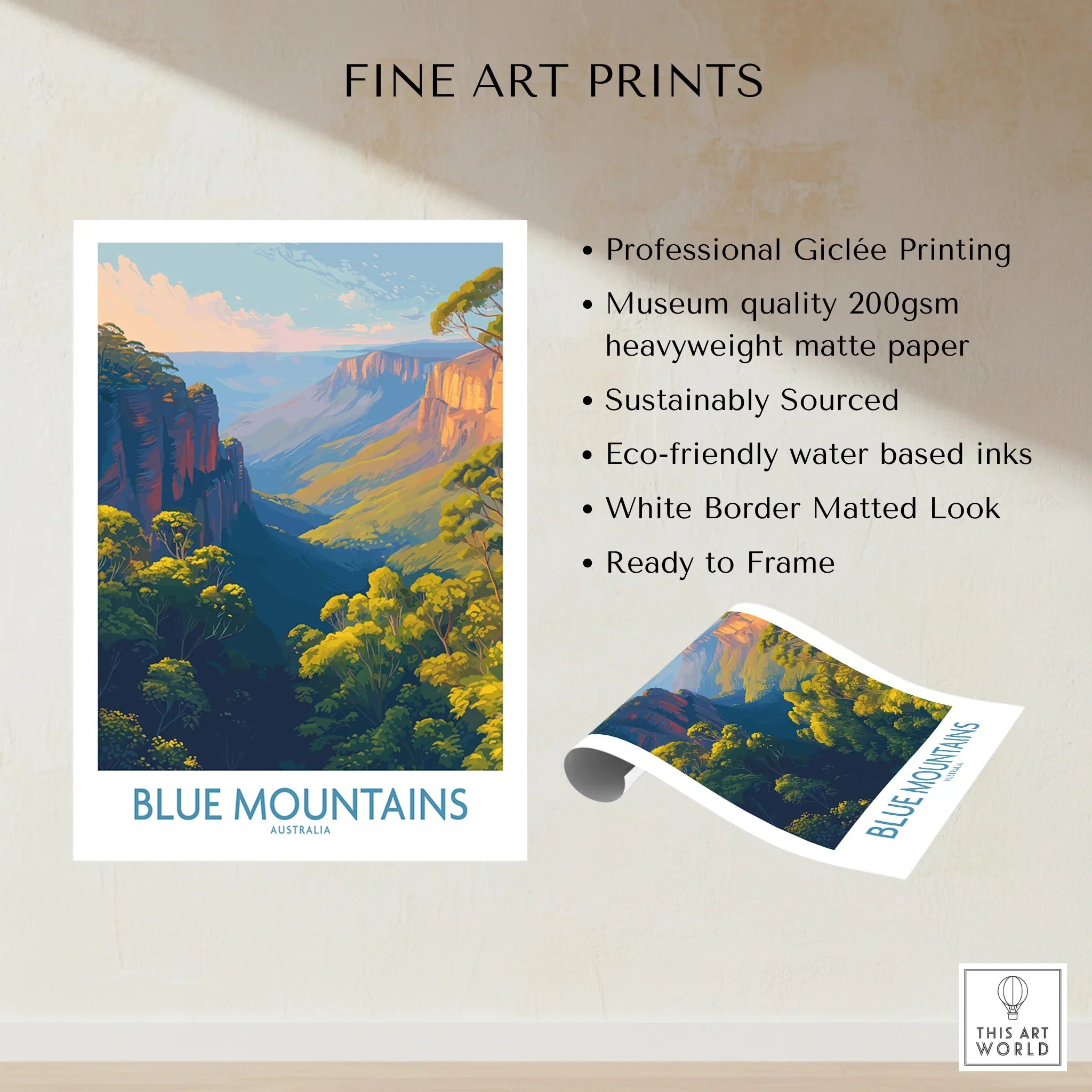 Blue Mountains Australia fine art print showing scenic landscape, unframed, matte paper details