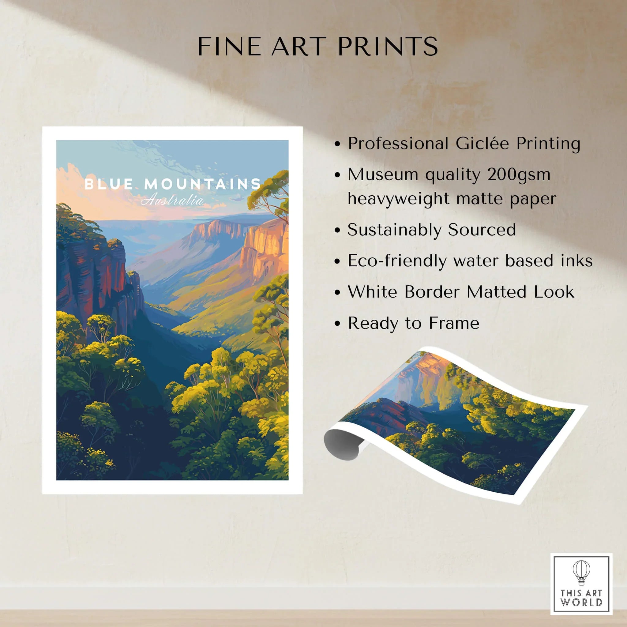 Blue Mountains Australia fine art print, vibrant landscape, unframed wall art details.