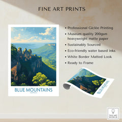 Blue Mountains art print, landscape illustration with cliffs, nature, trees, and white border.