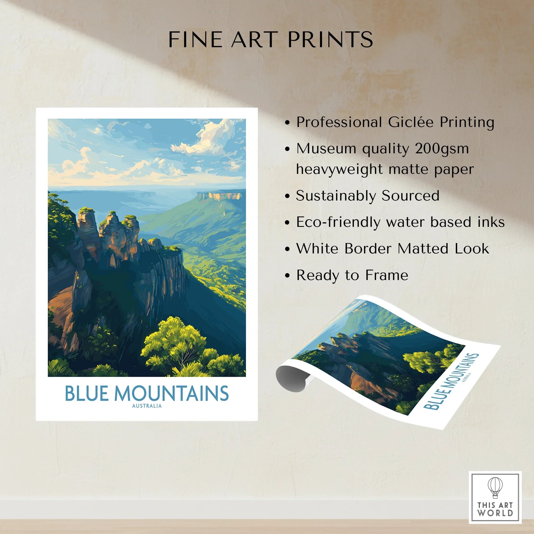 Blue Mountains art print, landscape illustration with cliffs, nature, trees, and white border.