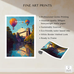 Bristol Travel Poster – Clifton Suspension Bridge and Hot Air Balloons Art showcasing vibrant colors and scenic landscape.