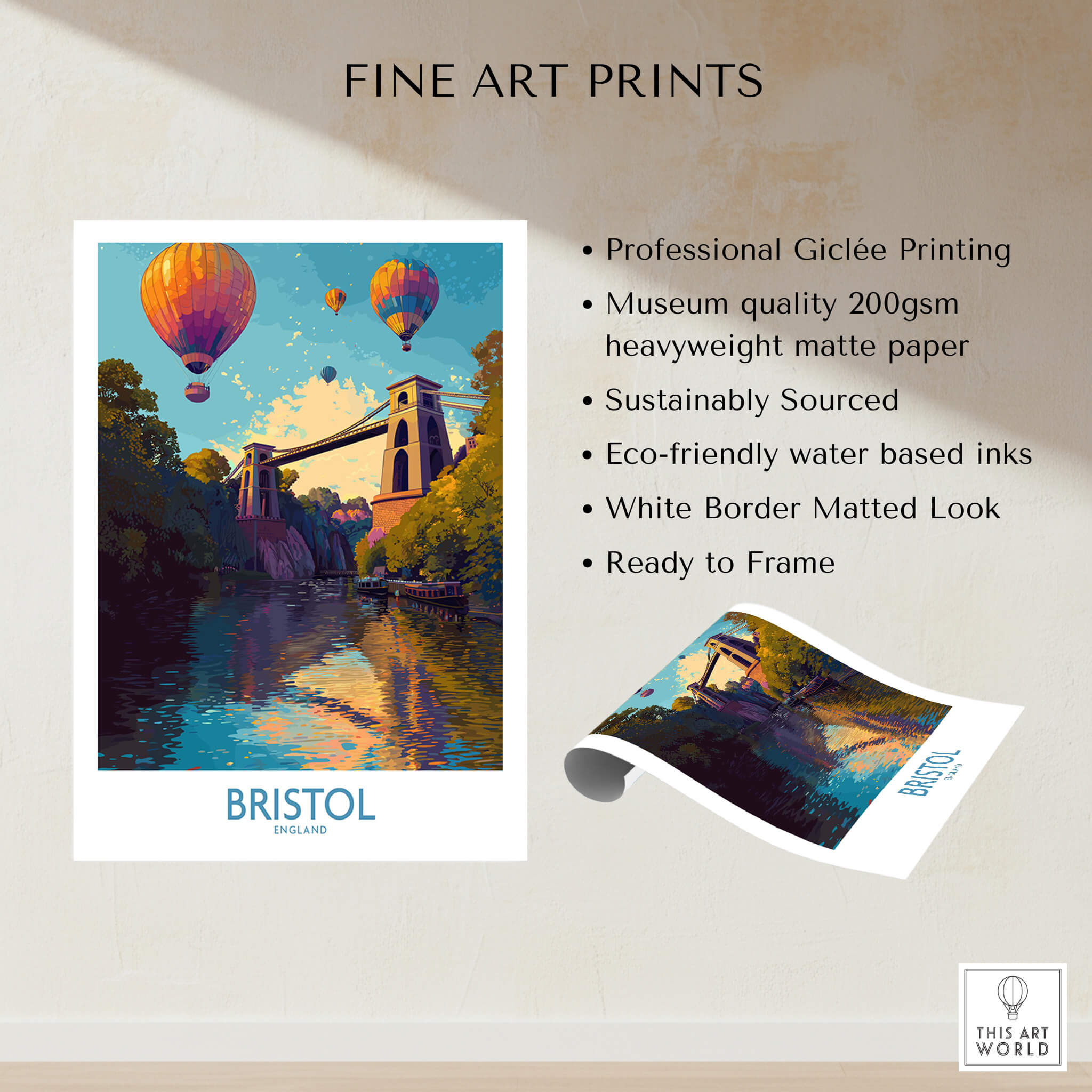 Bristol England Wall Art – River Avon Sunset and Balloon Festival Print featuring vibrant hot air balloons and sunset over water.