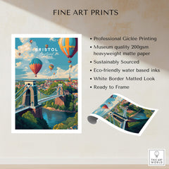 Bristol Travel Poster – Cityscape and Clifton Suspension Bridge Print showcasing flying balloons and scenic views.