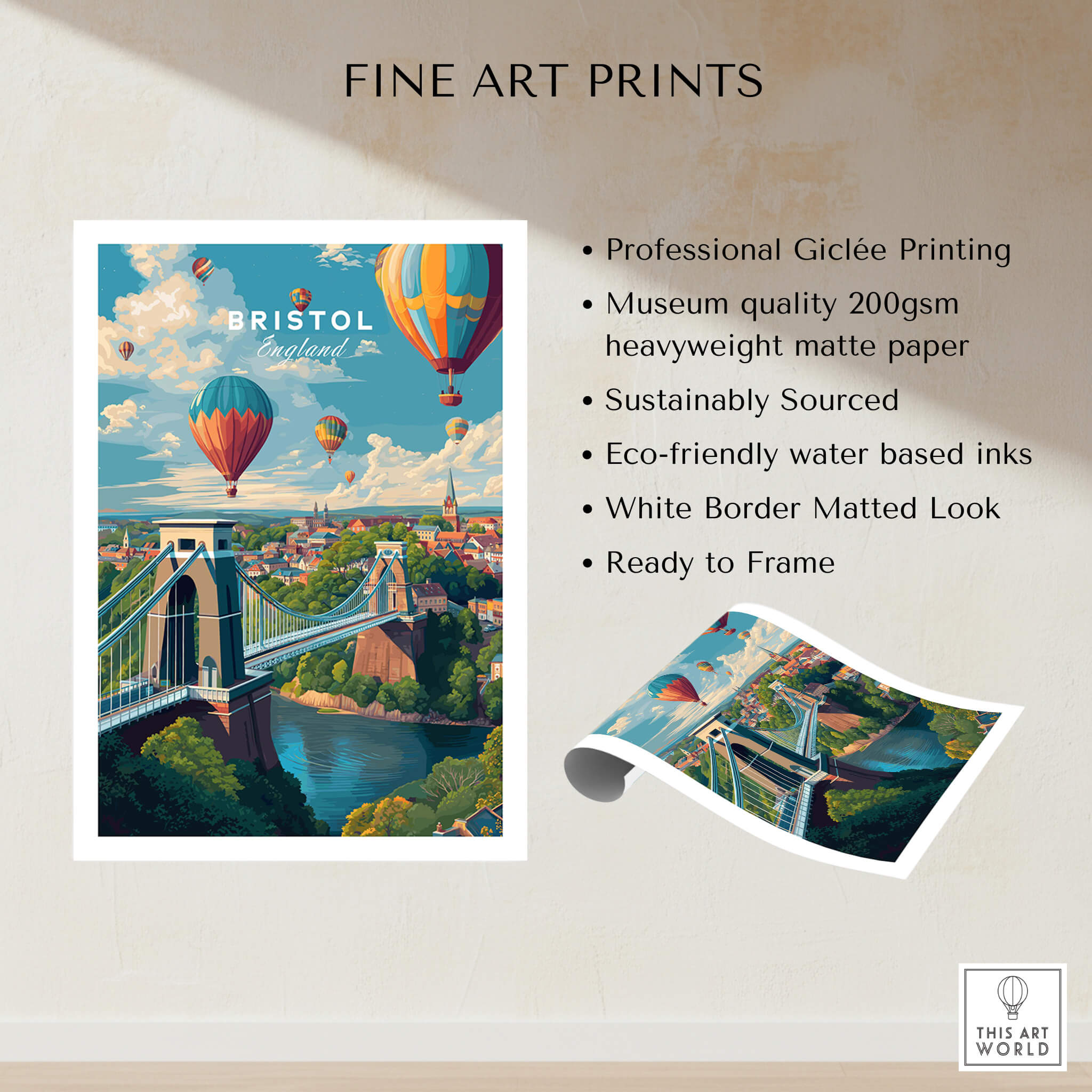 Bristol Travel Poster – Cityscape and Clifton Suspension Bridge Print showcasing flying balloons and scenic views.