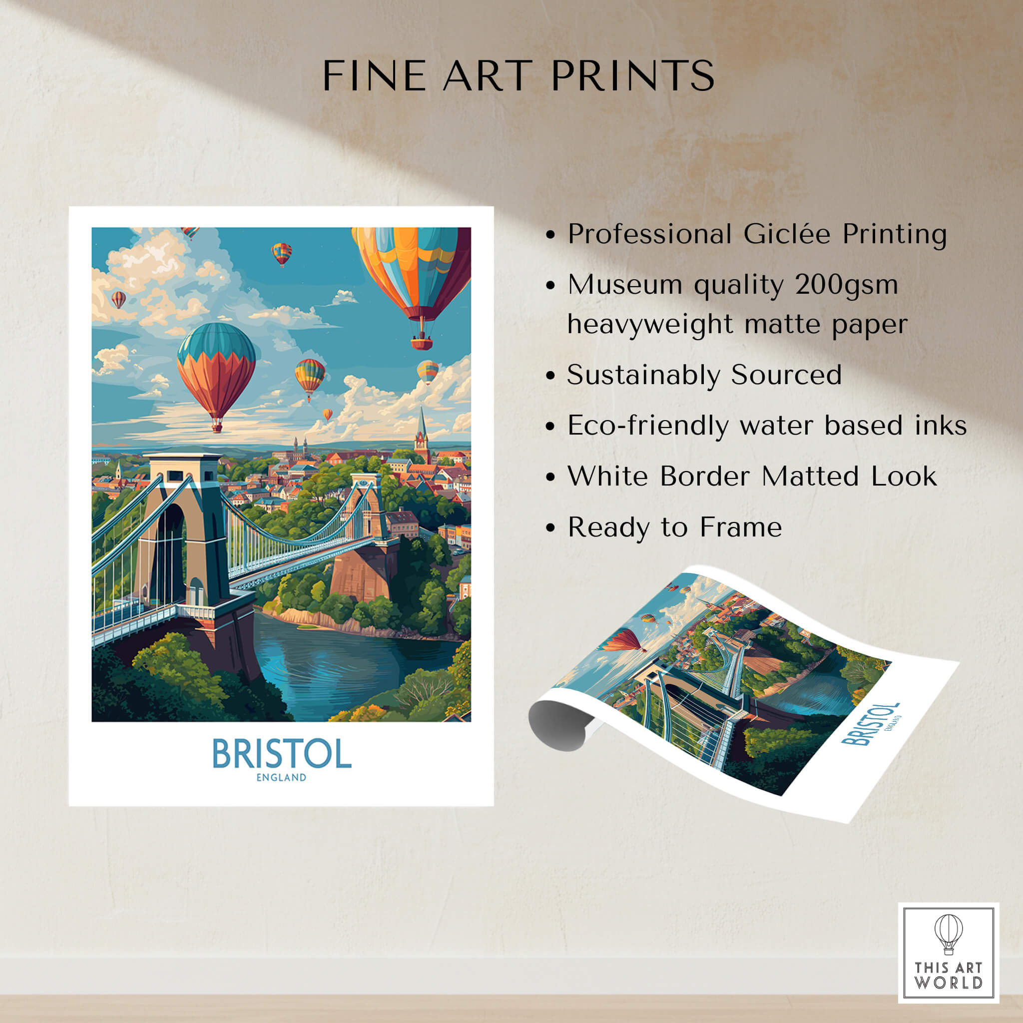 Bristol England Print – Hot Air Balloons Over Historic City Wall Art displayed with fine art prints description.
