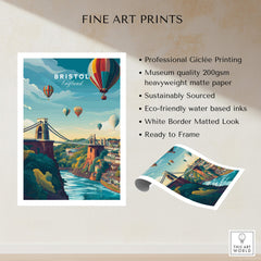 Bristol Art Print - Clifton Bridge Poster showcasing colorful hot air balloons over Clifton Bridge.