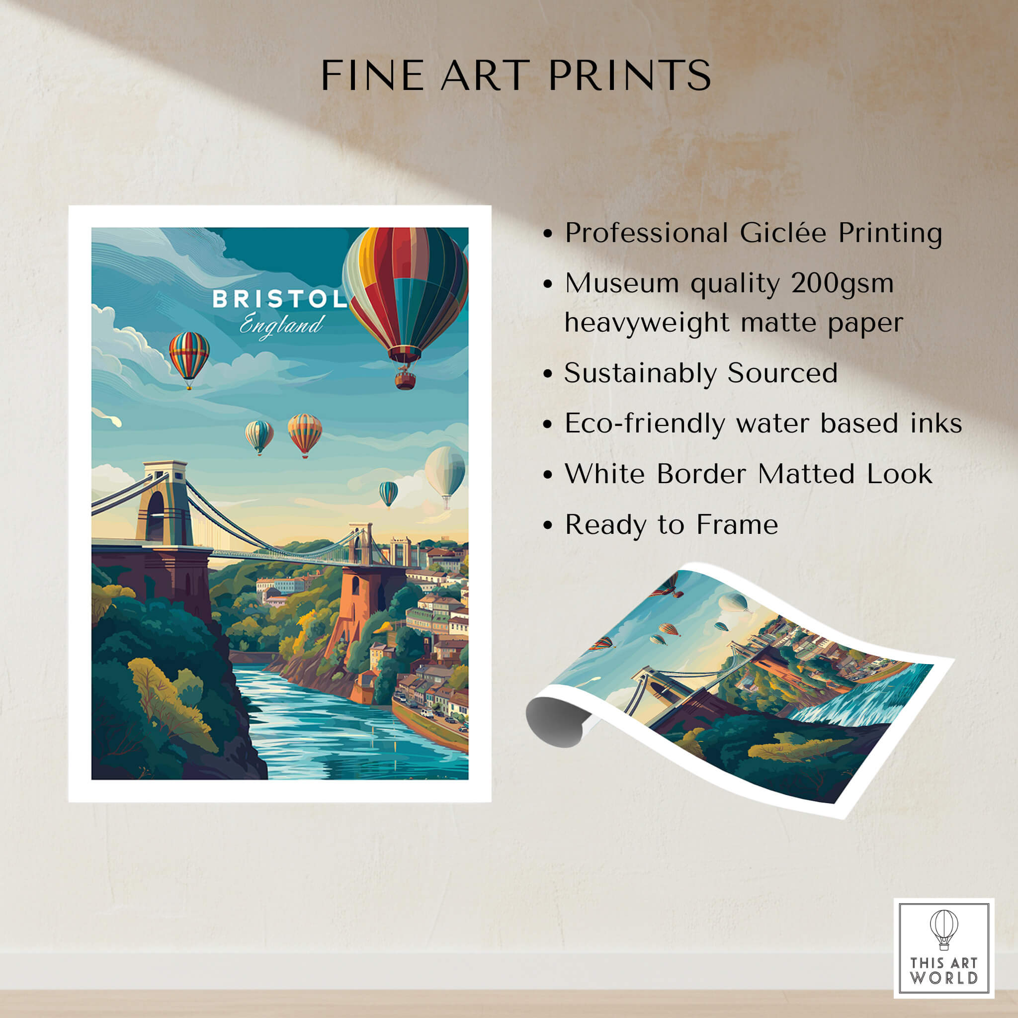 Bristol Art Print - Clifton Bridge Poster showcasing colorful hot air balloons over Clifton Bridge.
