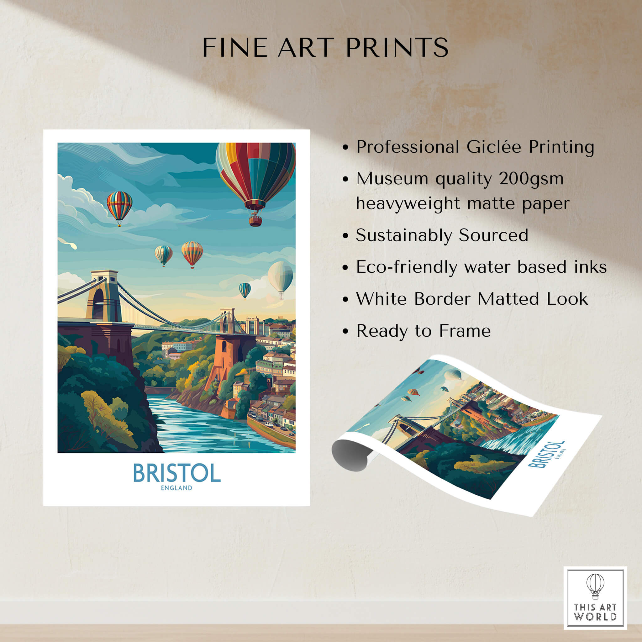 Bristol Canvas Print - Wall Art Poster showcasing vibrant Bristol with hot air balloons and iconic landmarks.