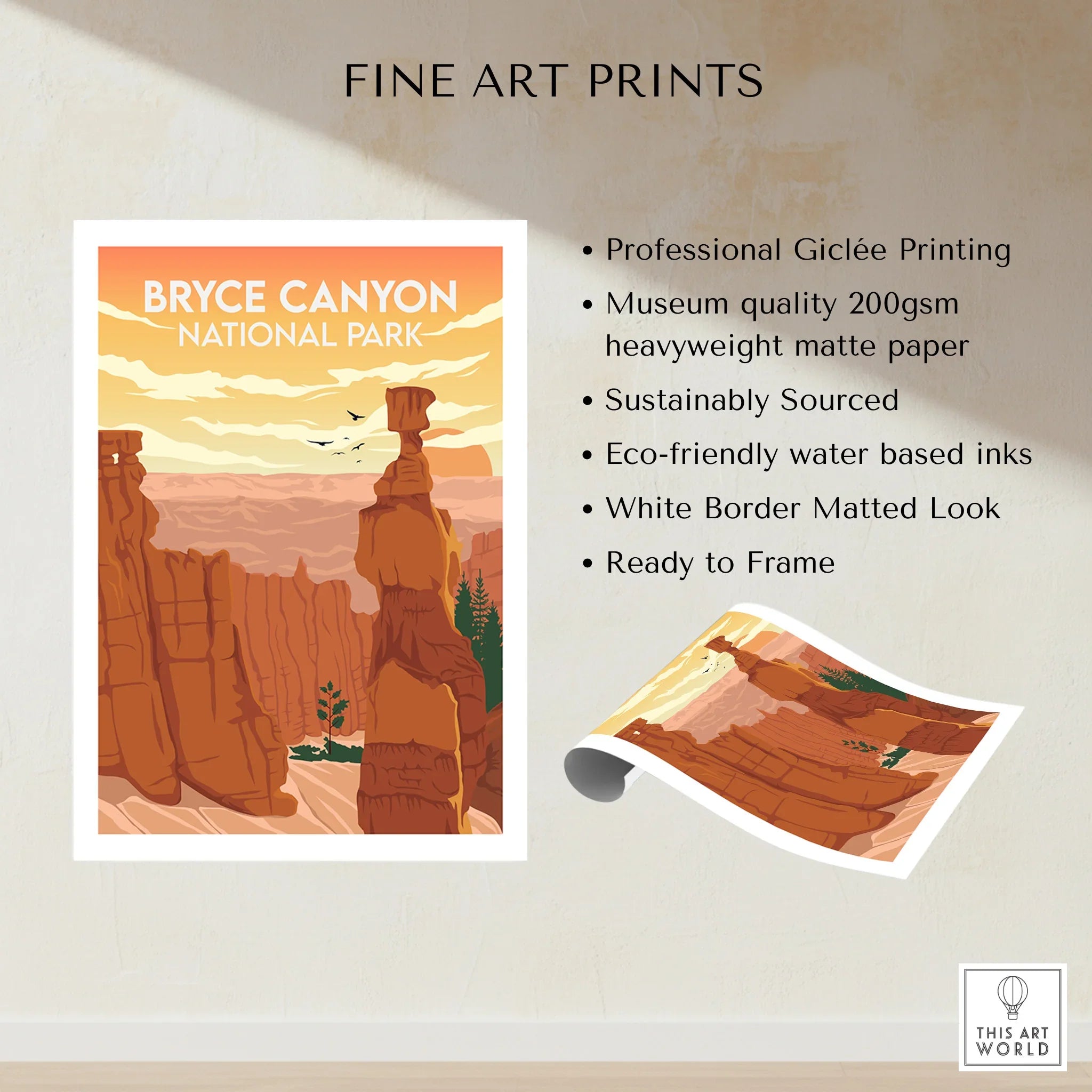 Bryce Canyon National Park art print with orange rock formations, unframed, matte finish