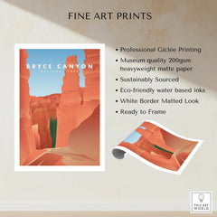 Bryce Canyon National Park art print with red rock formations, blue sky, and white border.