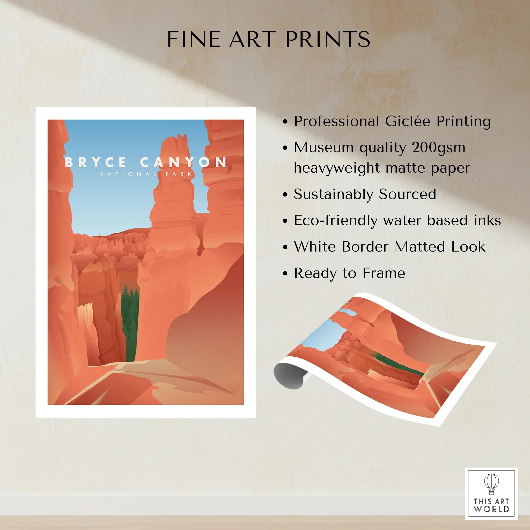Bryce Canyon National Park art print with red rock formations, blue sky, and white border.