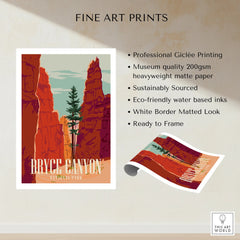 Bryce Canyon National Park art print with vivid red rock formations and pine tree, unframed.