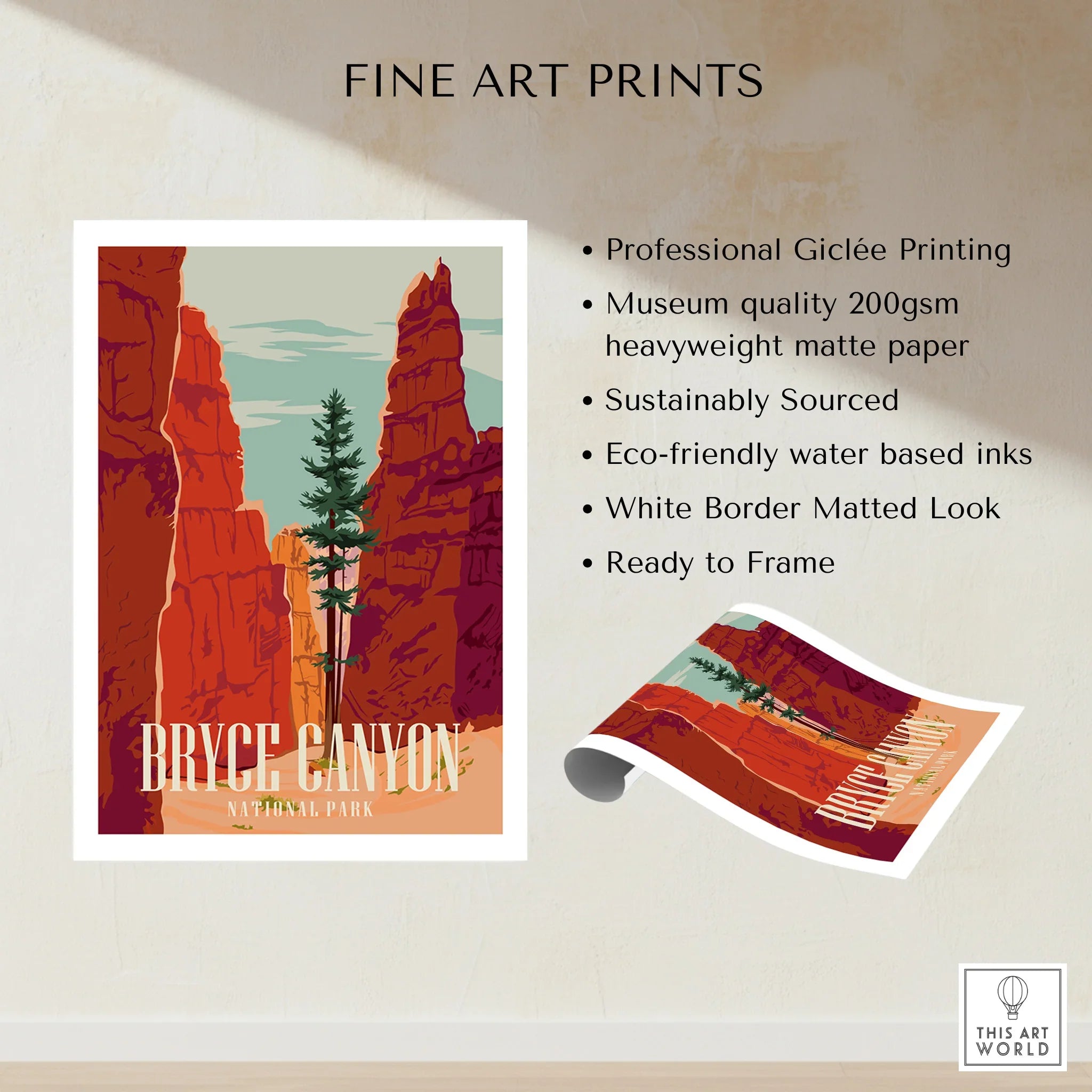 Bryce Canyon National Park art print with vivid red rock formations and pine tree, unframed.