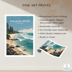 Burleigh Heads Australia Poster – Gold Coast Skyline & Iconic Surf Beach Wall Art showcasing vibrant beach and skyline.