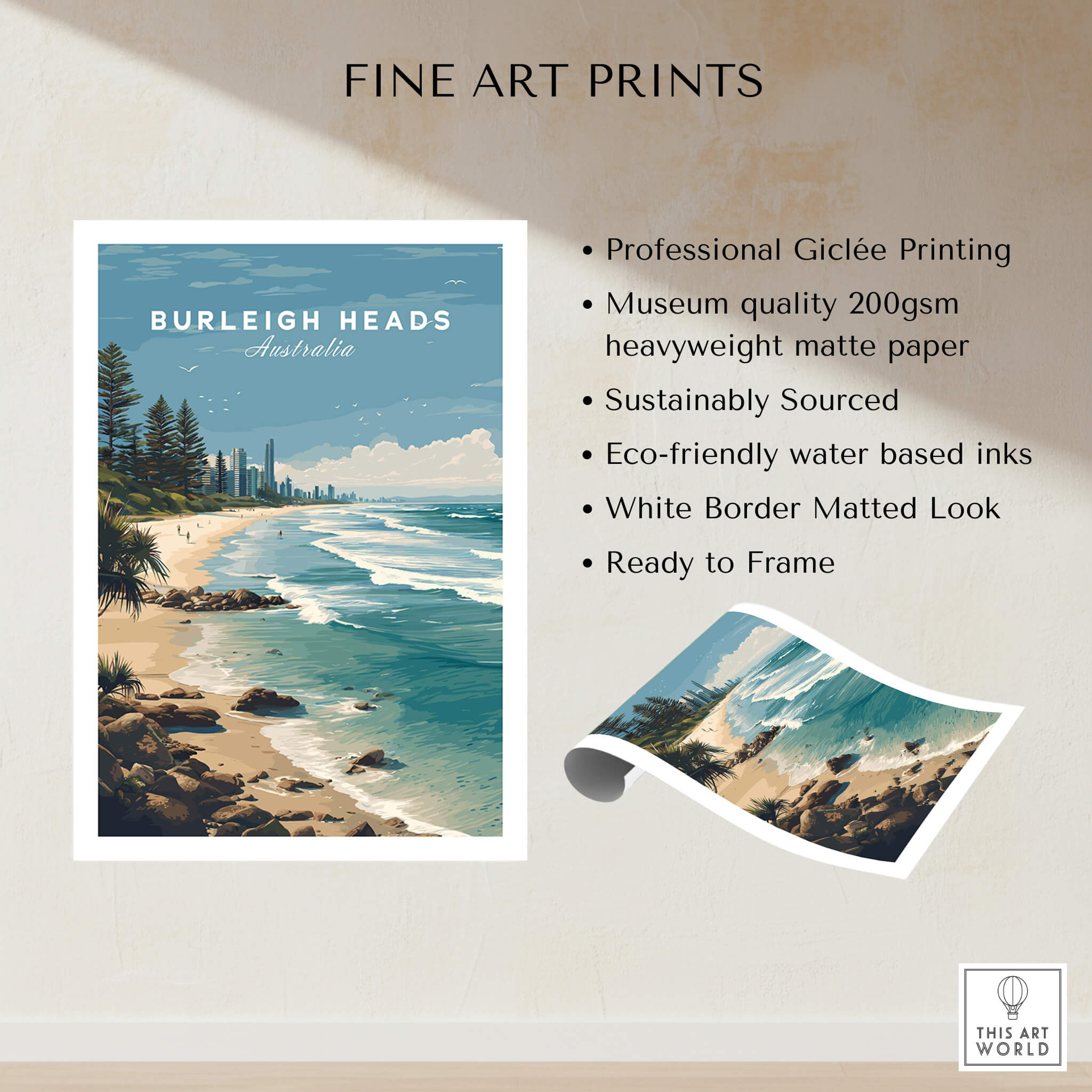 Burleigh Heads Australia Poster – Gold Coast Skyline & Iconic Surf Beach Wall Art showcasing vibrant beach and skyline.
