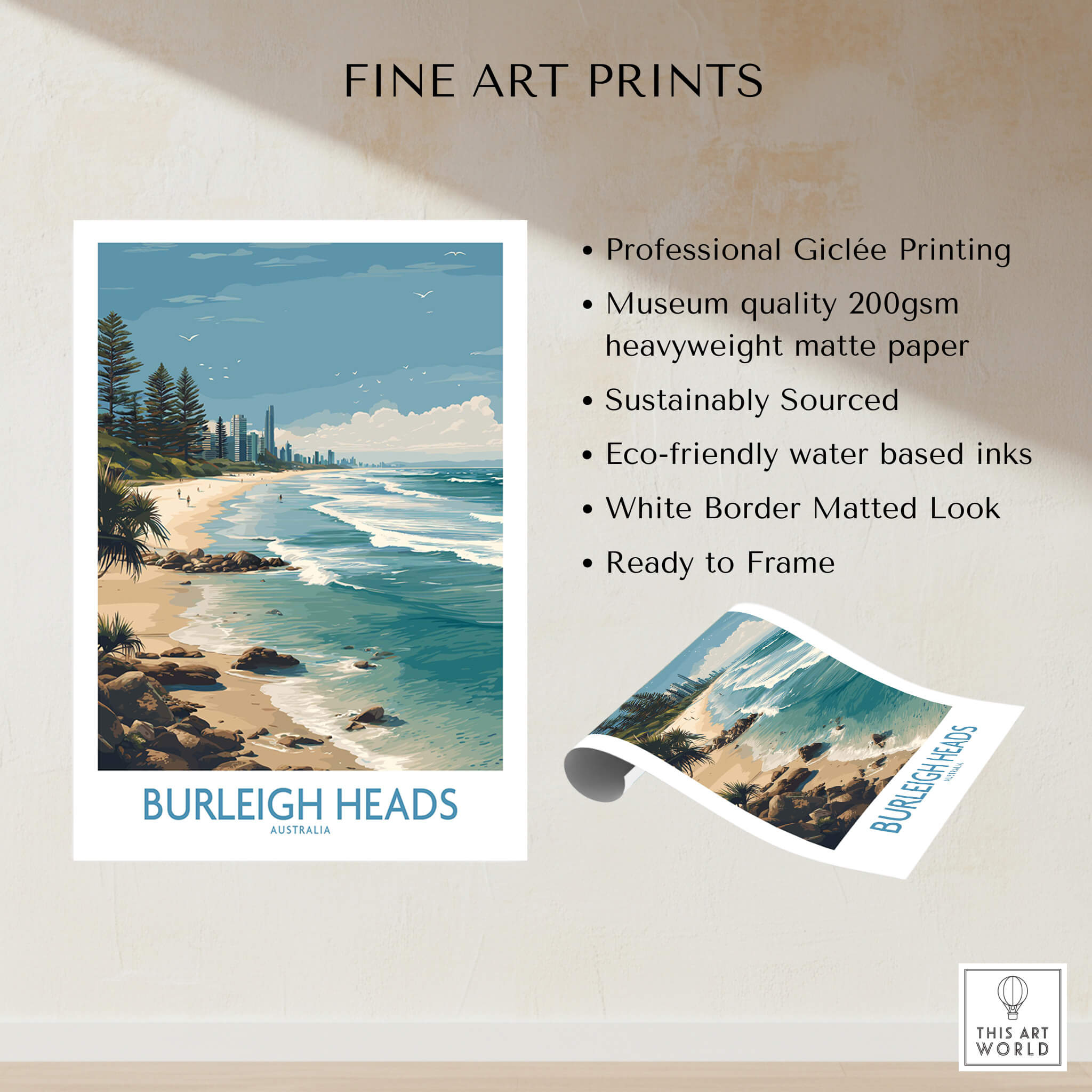 Burleigh Heads Travel Poster - Canvas Print showcasing Gold Coast beach scene with vibrant colors and details.