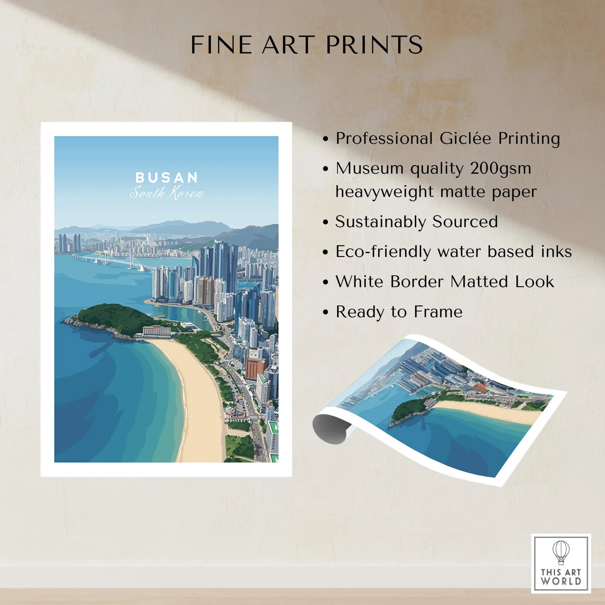 Busan South Korea city skyline coastal wall art print, unframed fine art poster