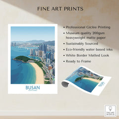 Busan South Korea skyline wall art print with cityscape, beach, and ocean, unframed fine art