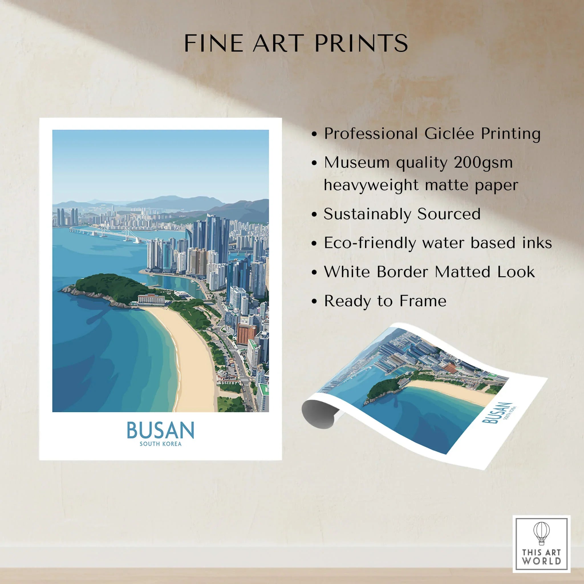 Busan South Korea skyline wall art print with cityscape, beach, and ocean, unframed fine art