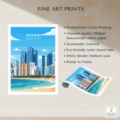 Busan South Korea fine art print featuring city skyline, beach, and modern buildings