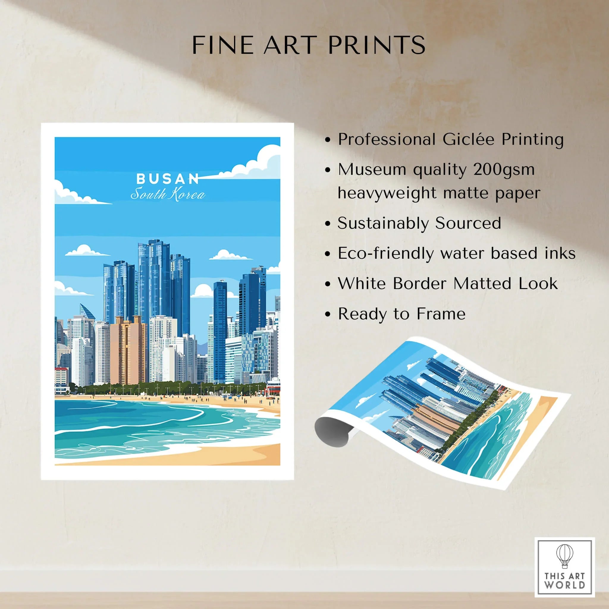 Busan South Korea fine art print featuring city skyline, beach, and modern buildings