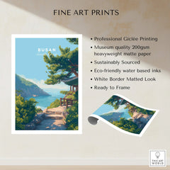 Busan South Korea fine art print with coastal landscape, trees, and traditional building details.