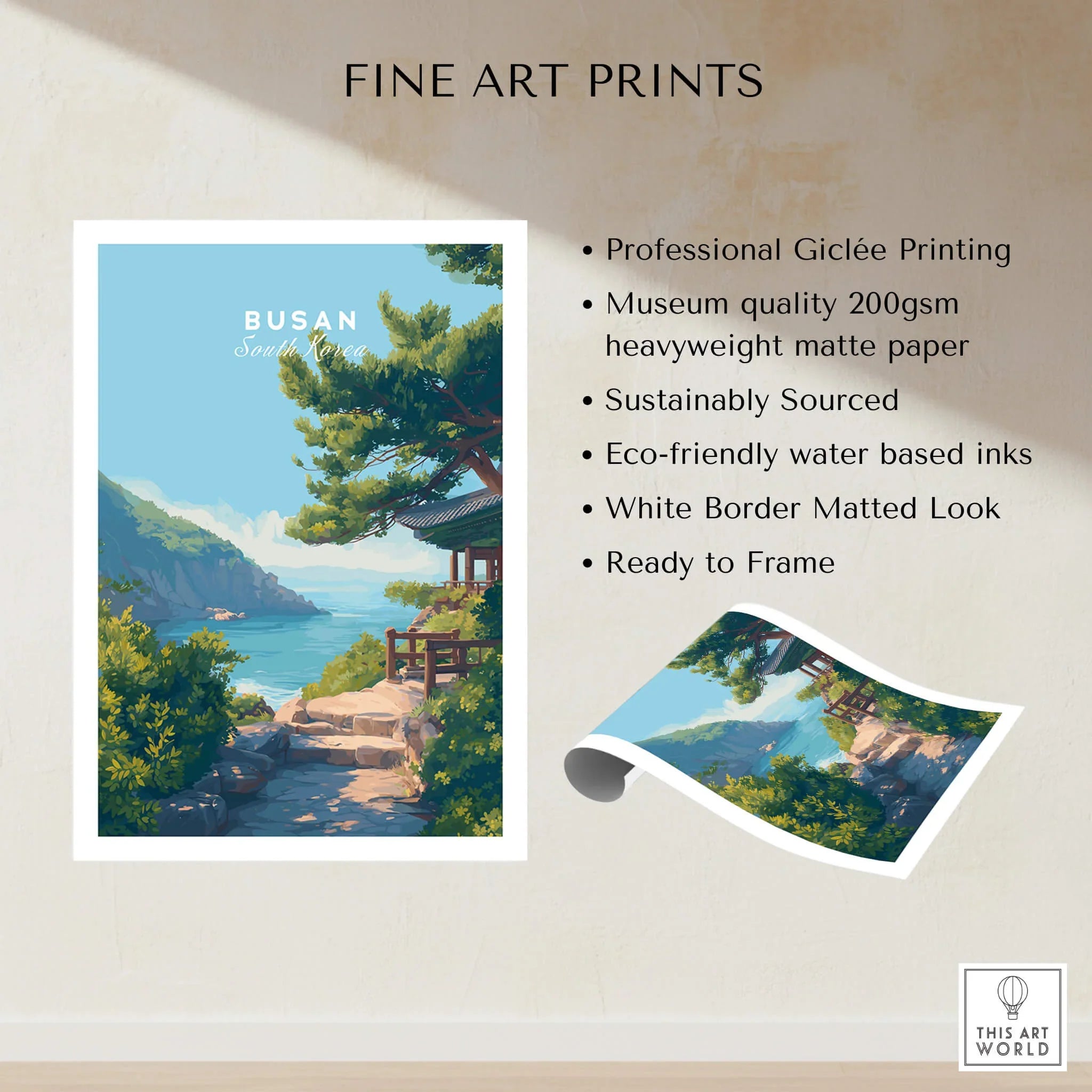 Busan South Korea fine art print with coastal landscape, trees, and traditional building details.