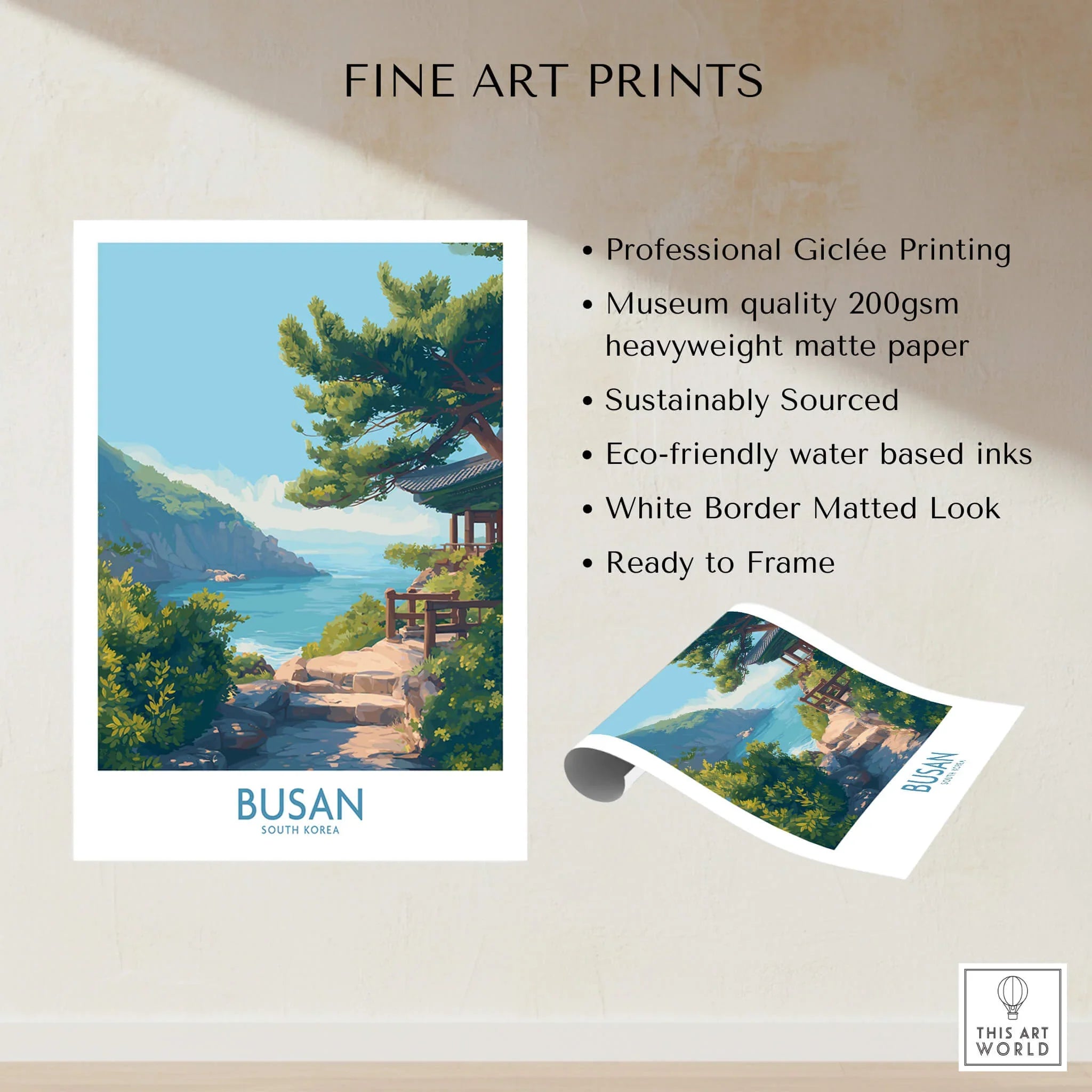 Busan South Korea art print with coastal landscape, mountain, and traditional pavilion, unframed.