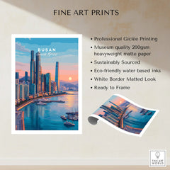 Busan South Korea skyline fine art print with sunset, modern buildings, and waterfront view.