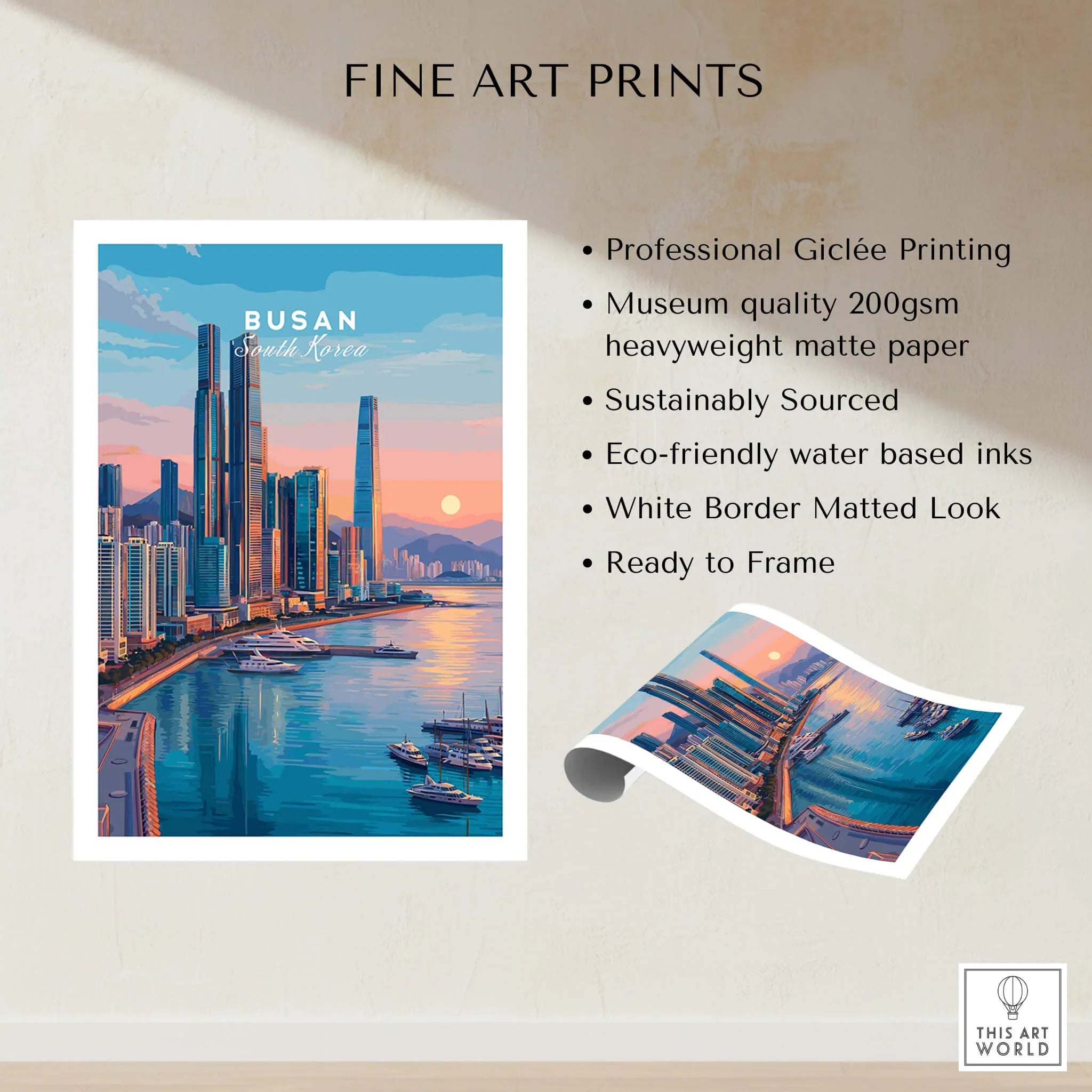 Busan South Korea skyline fine art print with sunset, modern buildings, and waterfront view.