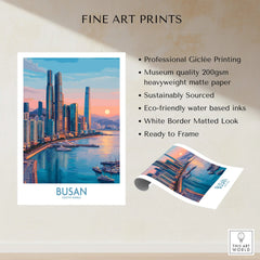 Busan skyline travel poster print with harbor view and sunset, unframed art details