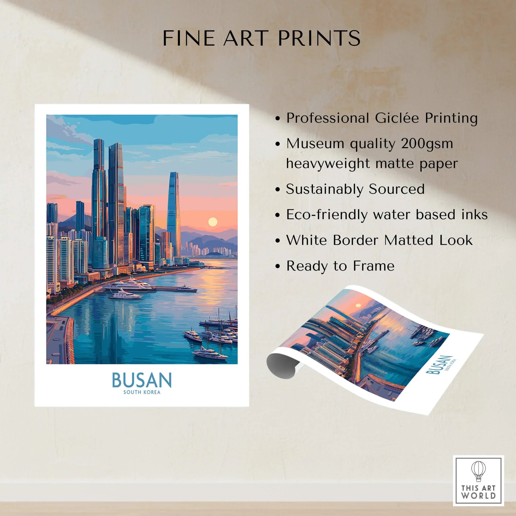 Busan skyline travel poster print with harbor view and sunset, unframed art details