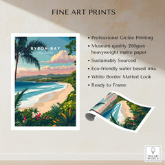 Byron Bay Australia Travel Poster showcasing vibrant coastal scenery and lush greenery, perfect for free spirits and nature lovers.